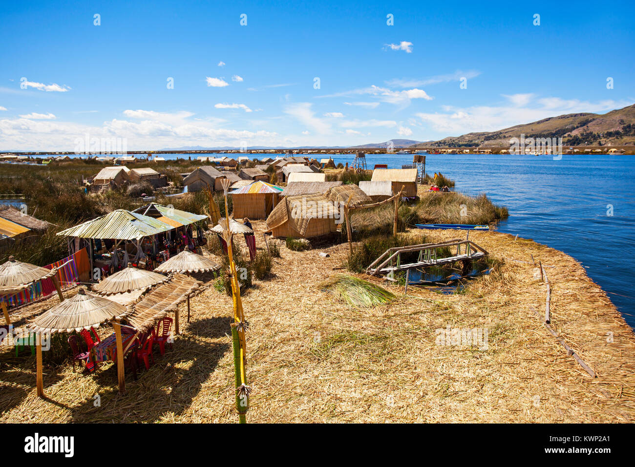 Uros floating island near Puno city, Peru Stock Photo