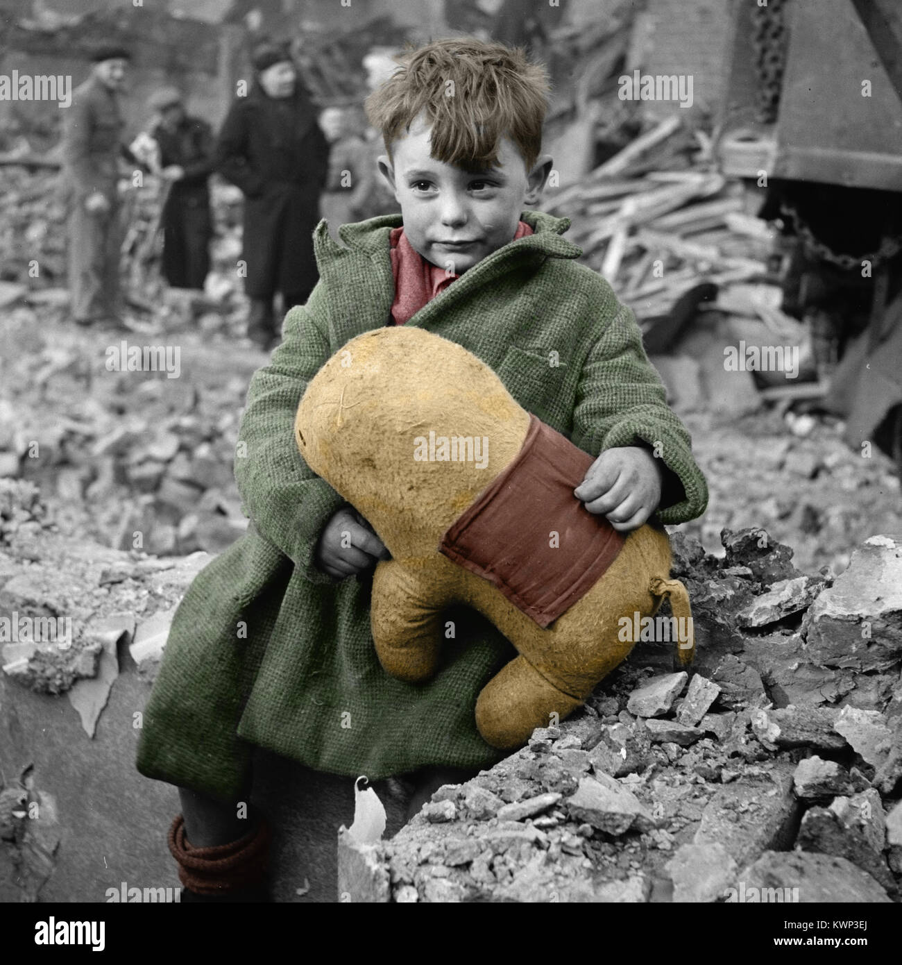 vintage photo of a child amidst the ruins of London during WW2 Stock Photo