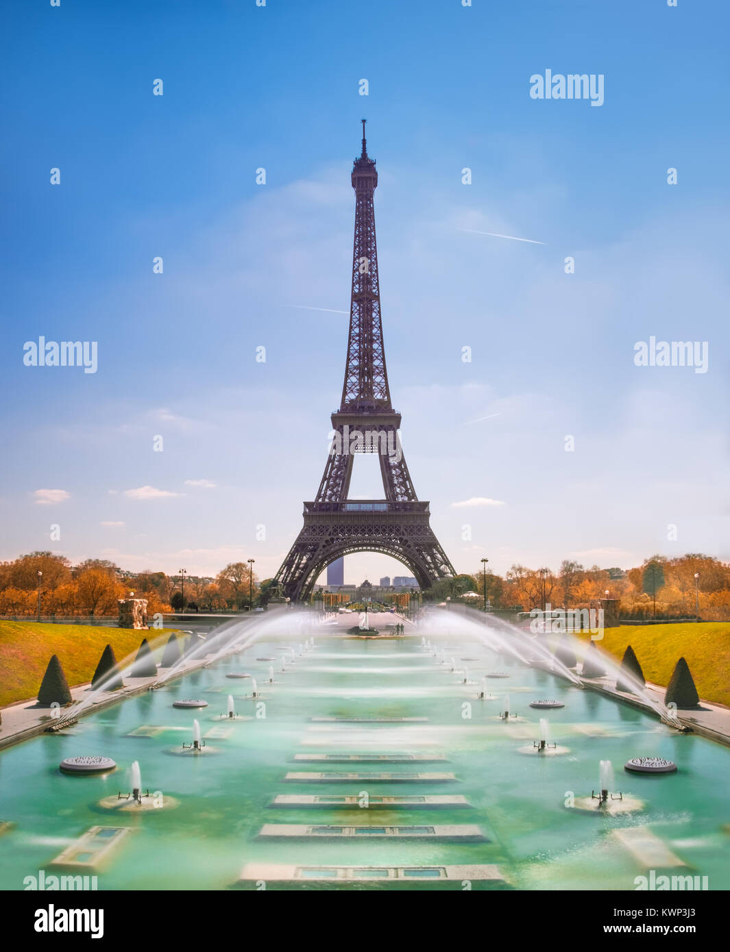 Paris. Eiffel Tower and Trocadero fountains on a sunny day in Fall Stock Photo