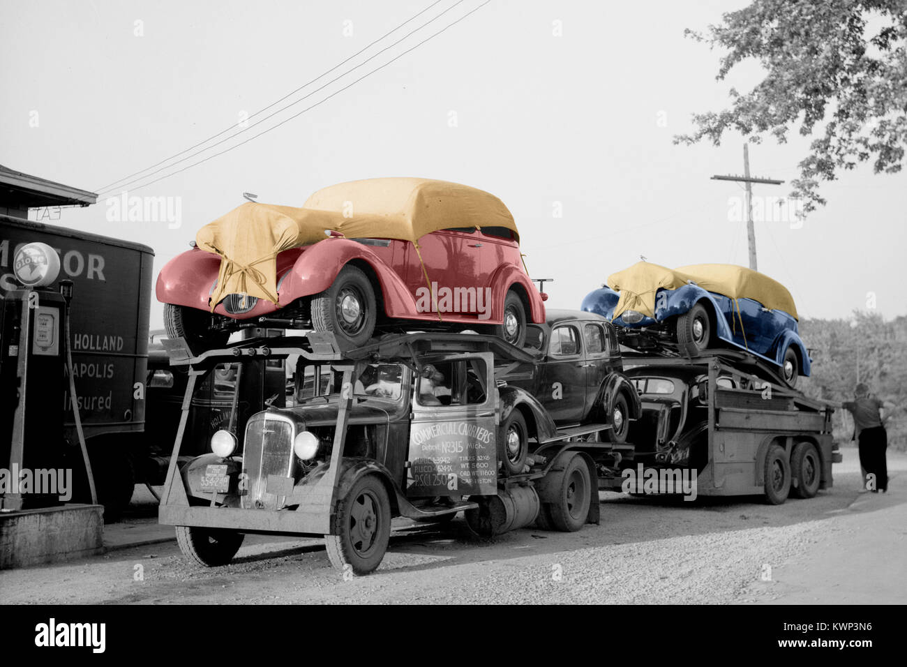 Colorized vintage photo of car carrier circa 1940. Stock Photo