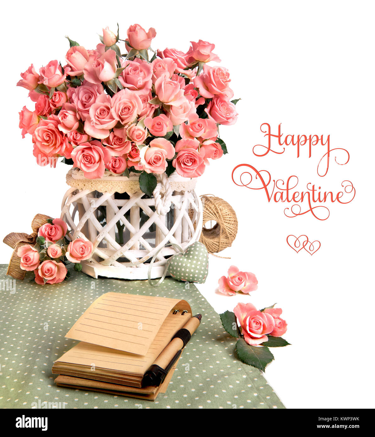 Notebook Pink Roses Blank notebook among beautiful pink roses, isolated on white. Space for ...