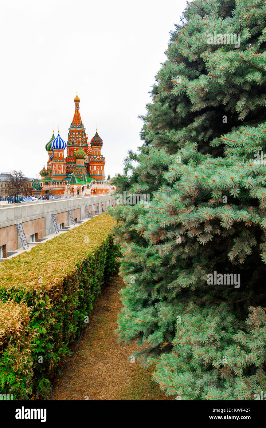 Moscow, Russia- April 19 2015: Views of burials and Mausoleum at The Kremlin Wall Necropolis. It was designated a protected Landmark in 1974. Stock Photo