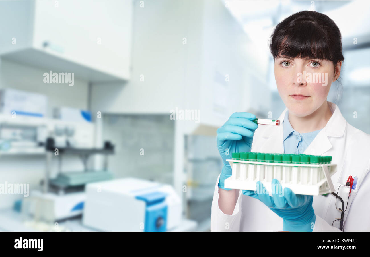 Female young doctor-intern, tech or a scientist with blood test tubes in medical or research facility, panoramic image Stock Photo