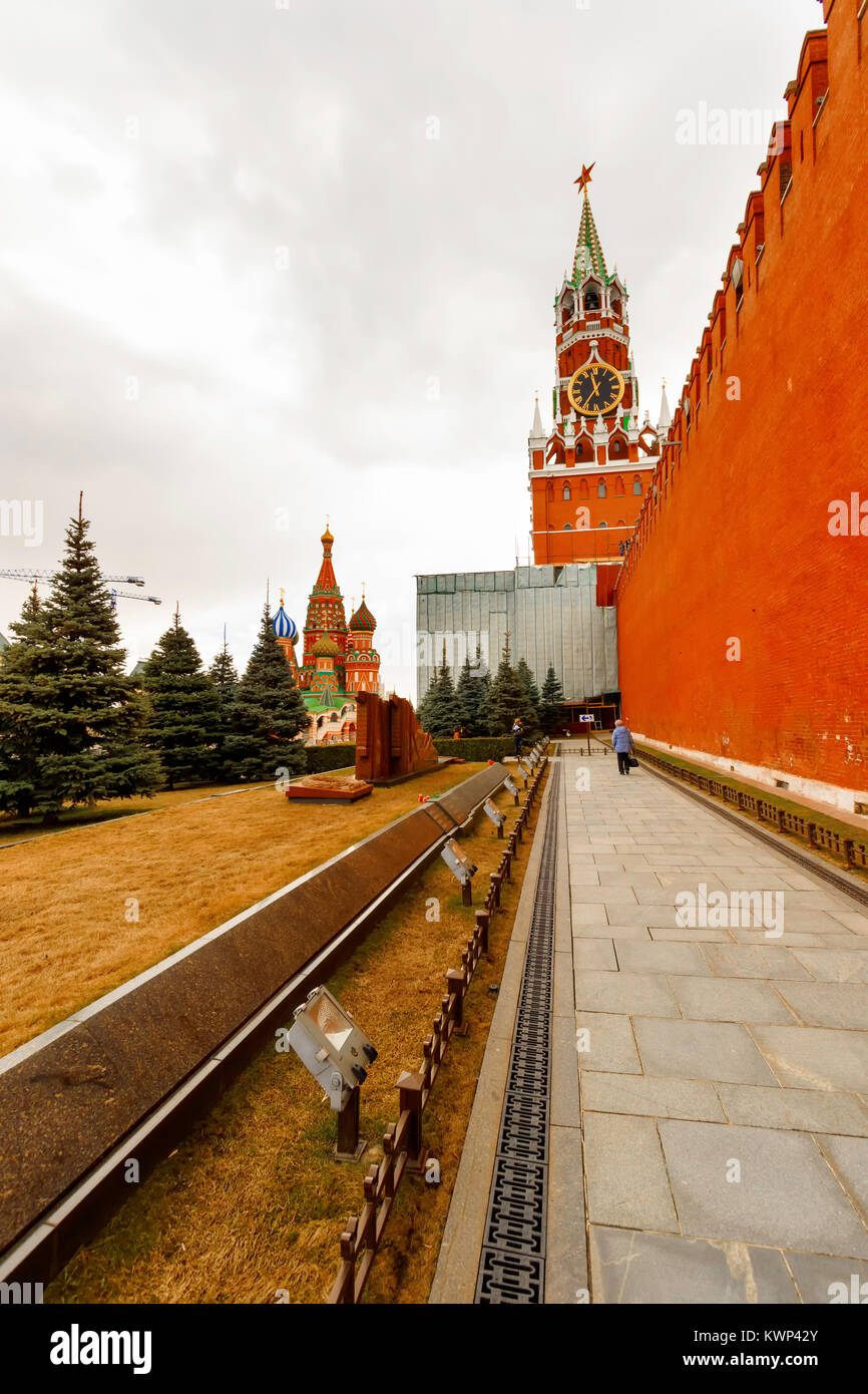 Moscow, Russia- April 19 2015: Views of burials and Mausoleum at The Kremlin Wall Necropolis. It was designated a protected Landmark in 1974. Stock Photo