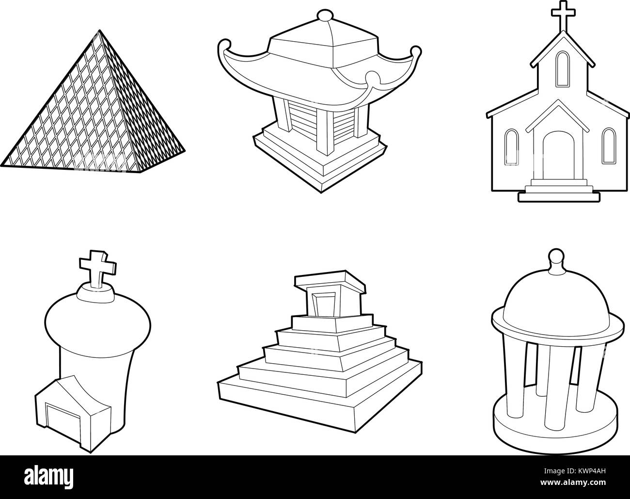 Temple icon set, outline style Stock Vector