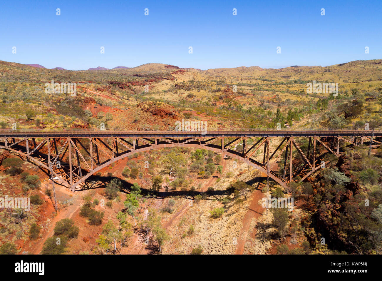 Birds eye view of the largest privately owned single span railway bridge in the southern hemisphere, Pilbara, Western Australia Stock Photo