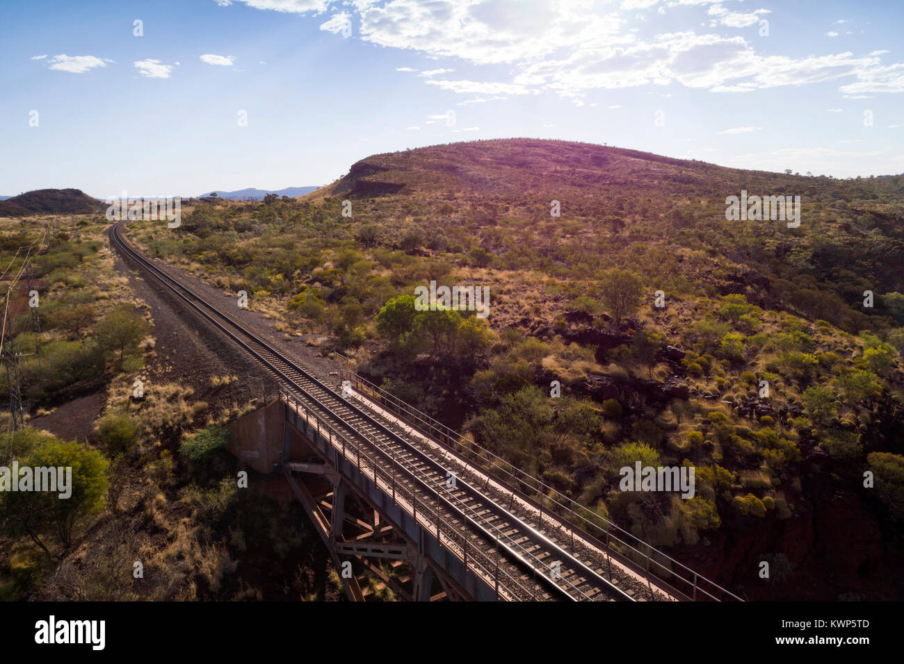 Birds eye view of the largest privately owned single span railway bridge in the southern hemisphere, Pilbara, Western Australia Stock Photo