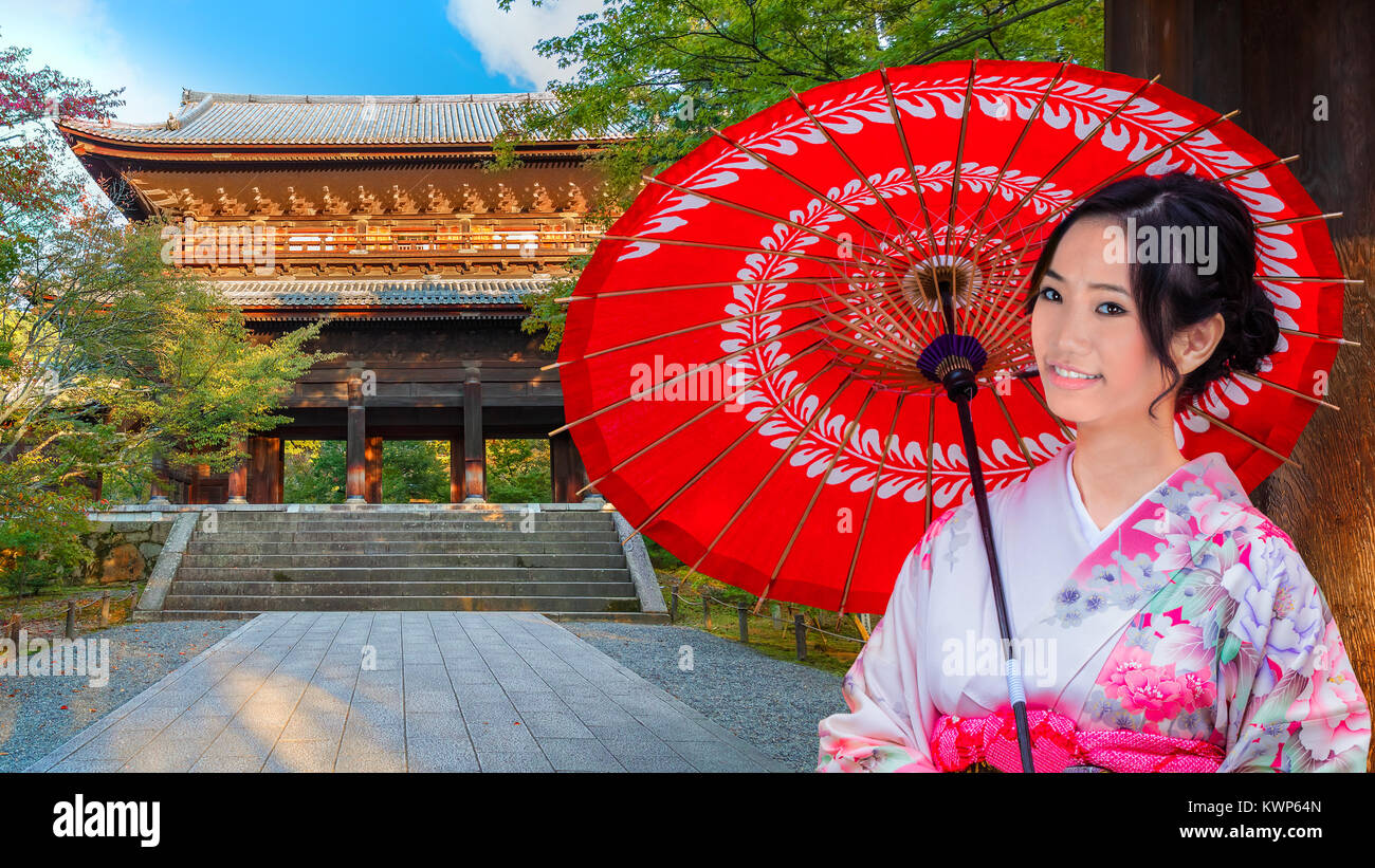 Young Japanese Woman at Sanmon Gate of Nanzenji Temple in Kyoto Stock Photo