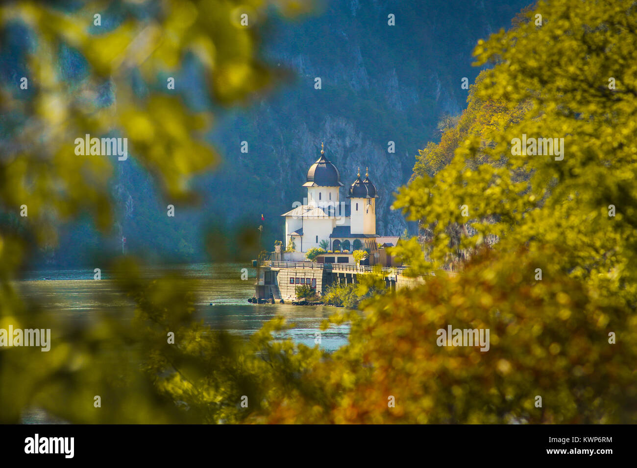 Autumn scenery landscape with Mraconia Monastery situated on the banks of Danube in Mehedinti county, Romania Stock Photo