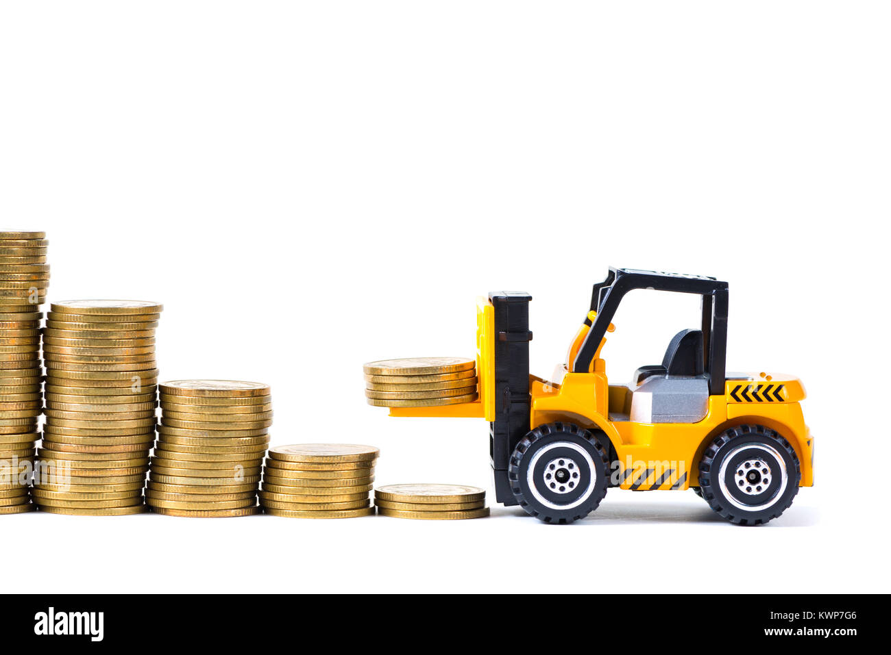 Loading Coin Mini forklift truck loading stack coin with steps of gold coin ...