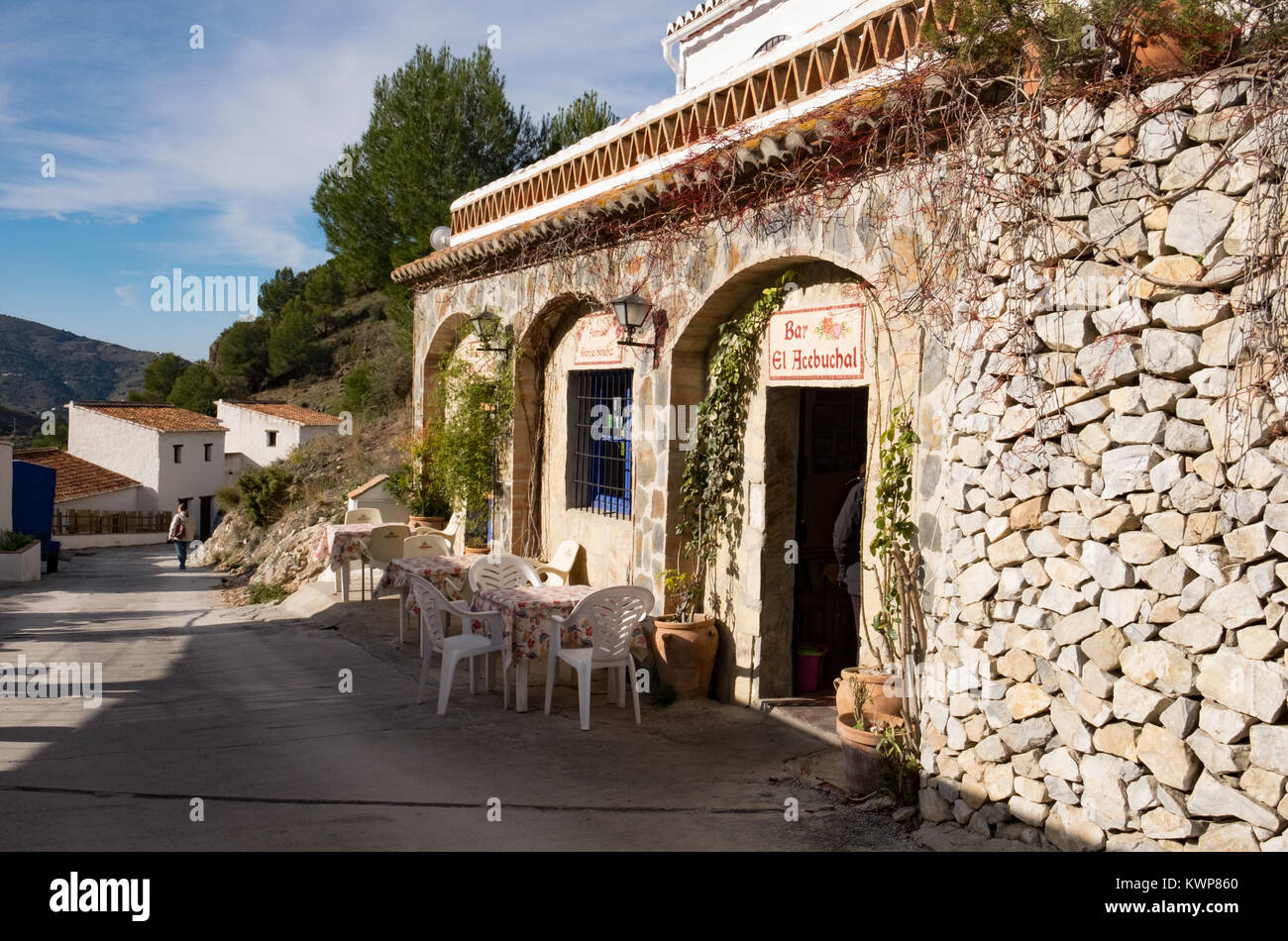 El Acebuchal, a white village or peublo blanco, in the region east of Malaga. Once deserted, the village has recently been restored. Stock Photo