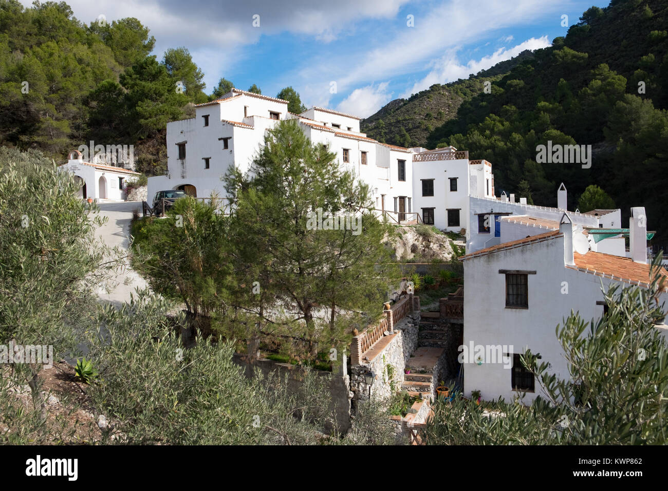 El Acebuchal, a white village or peublo blanco, in the region east of Malaga. Once deserted, the village has recently been restored. Stock Photo