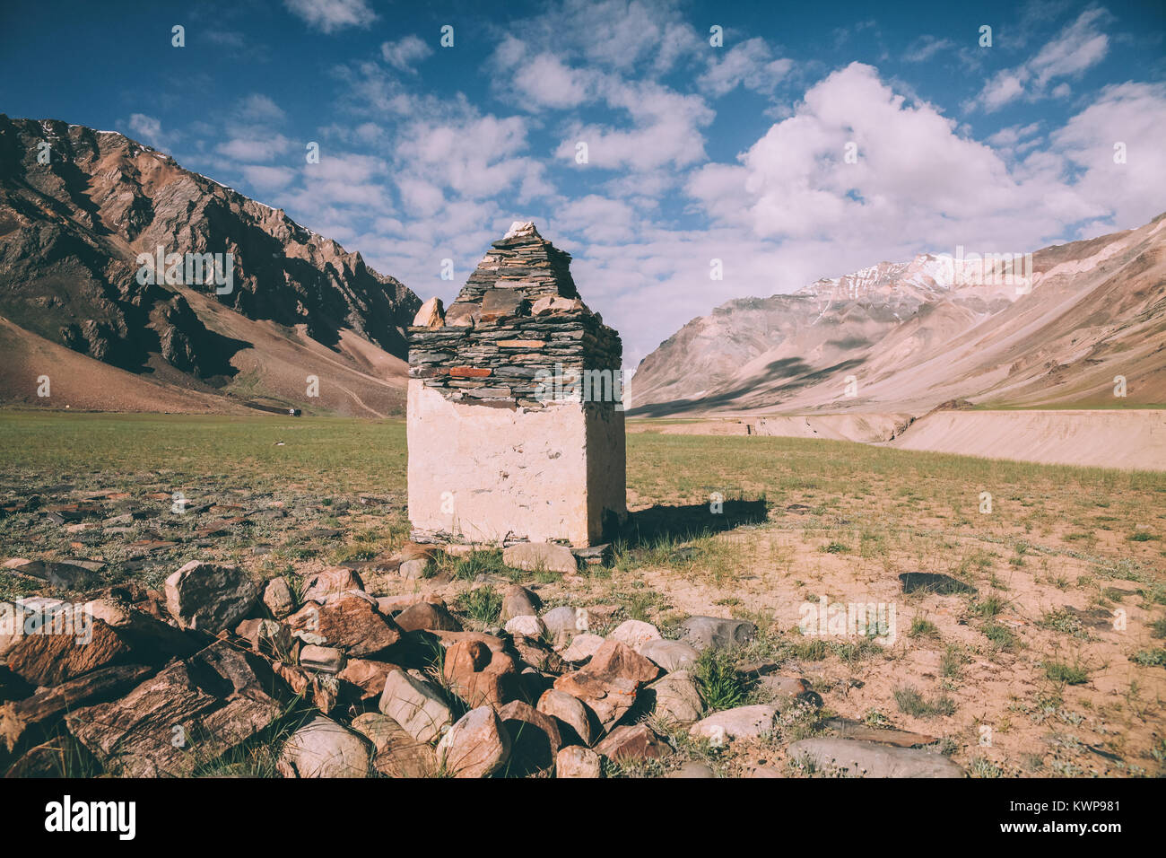 built structure from stones and beautiful landscape in Indian Himalayas ...