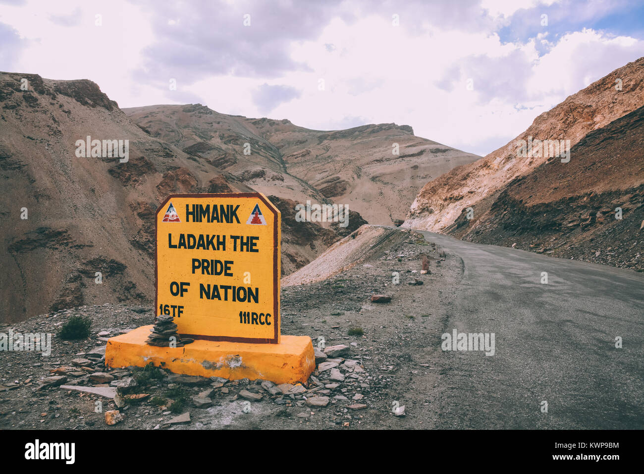 closeup view of sign on mountain road in Indian Himalayas, Ladakh