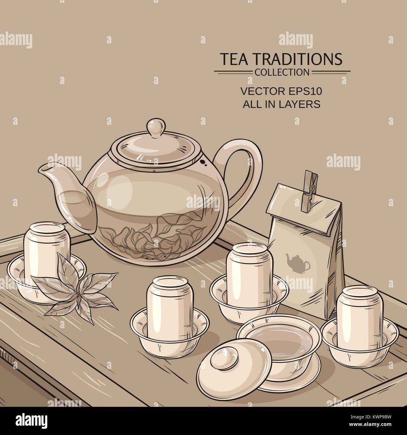 Tea table with teapot, tea bowls, tea jug and tea tools Stock Vector