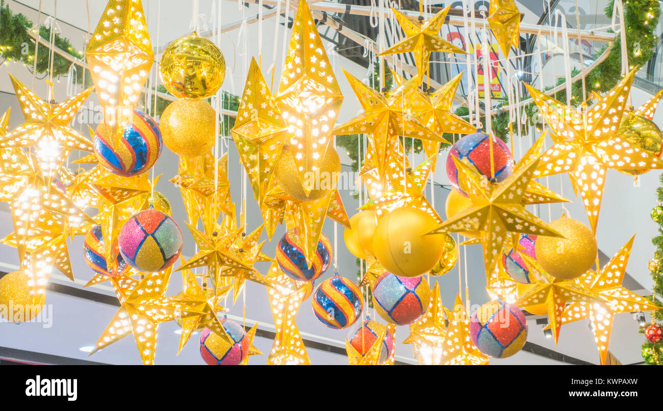 Close up golden ball and star christmas background Stock Photo - Alamy
