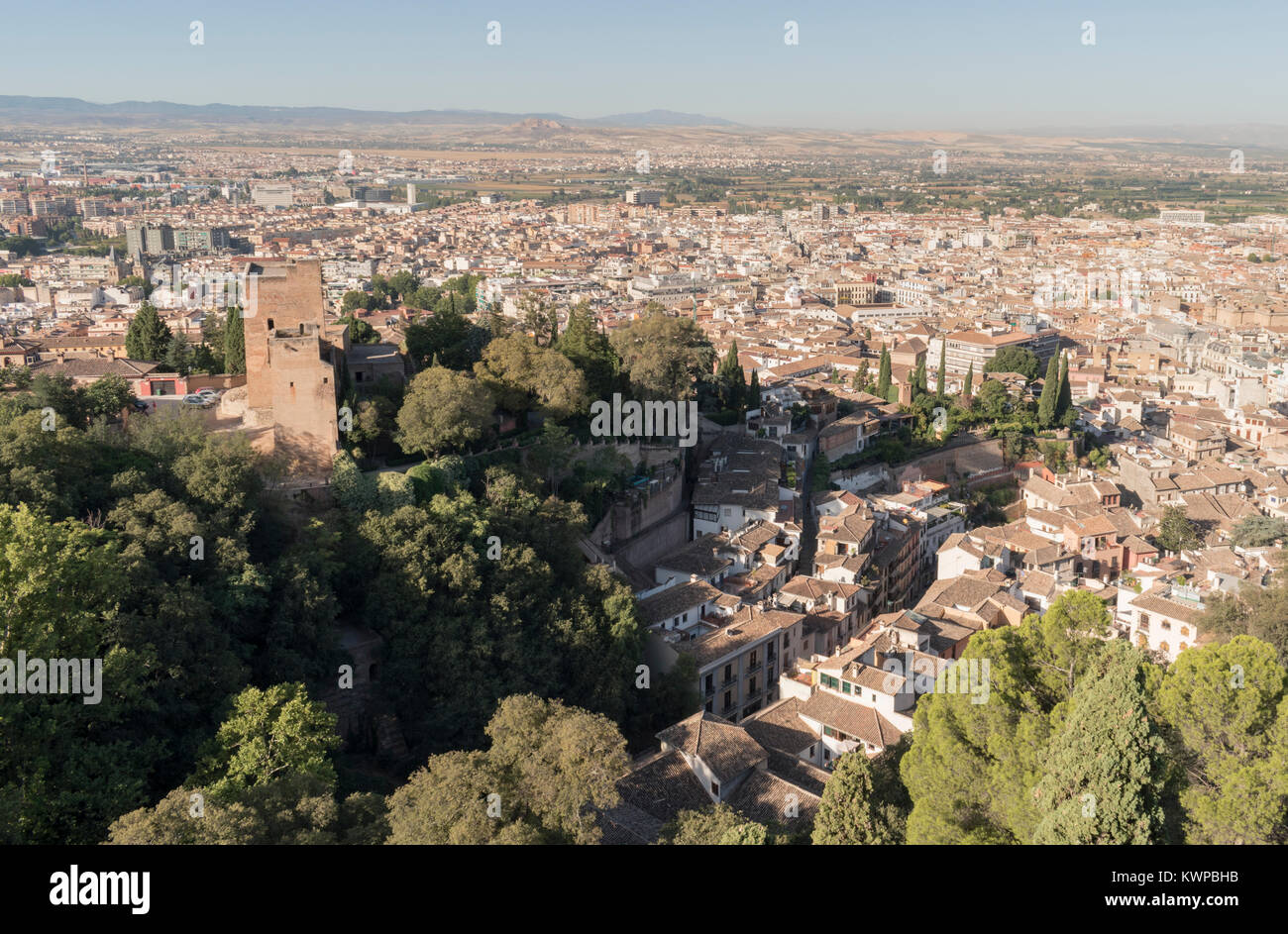 Views of the city of Granada from the Alhambra Palace on a bright sunny day. Stock Photo
