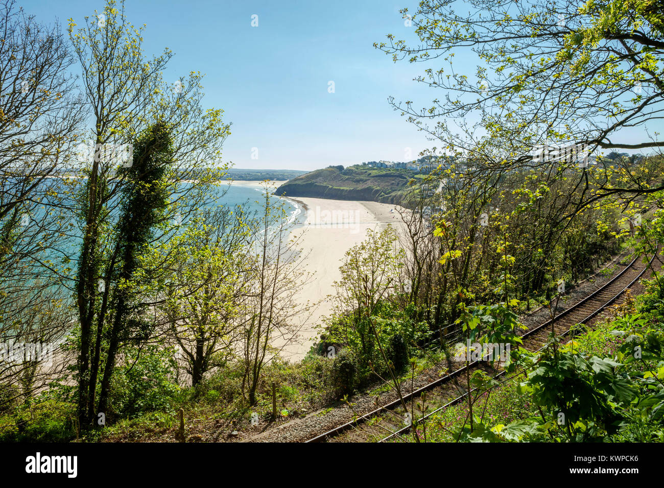 View overlooking Carbis bay in Cornwall and the railway line from the St Ives Bay Line. Stock Photo