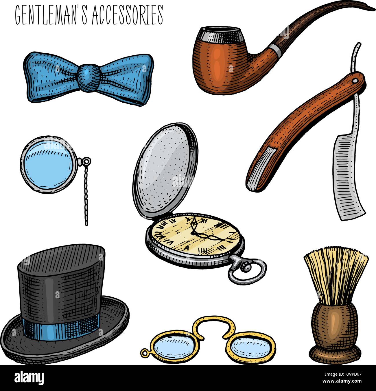gentleman accessories. hipster or businessman, victorian era. engraved hand drawn in old vintage sketch. cylinder hat, smoking pipe, straight razor, monocle, pince-nez, shaving brush, butterfly tie. Stock Vector
