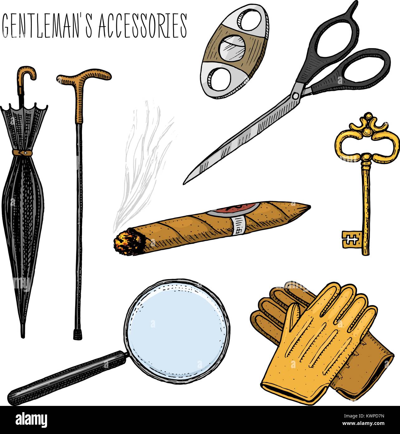 gentleman accessories. hipster or businessman, victorian era. engraved hand  drawn in old vintage sketch. scissors and umbrella, walking stick, cigar  and magnifier, gloves and key Stock Vector Image & Art - Alamy