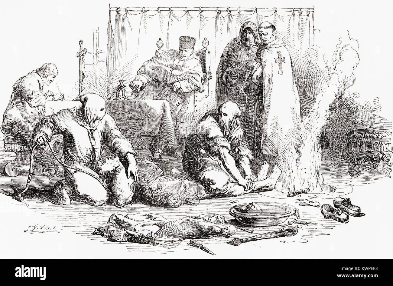 The Spanish Inquisition, torture by fire, 16th century.  From Ward and Lock's Illustrated History of the World, published c.1882. Stock Photo