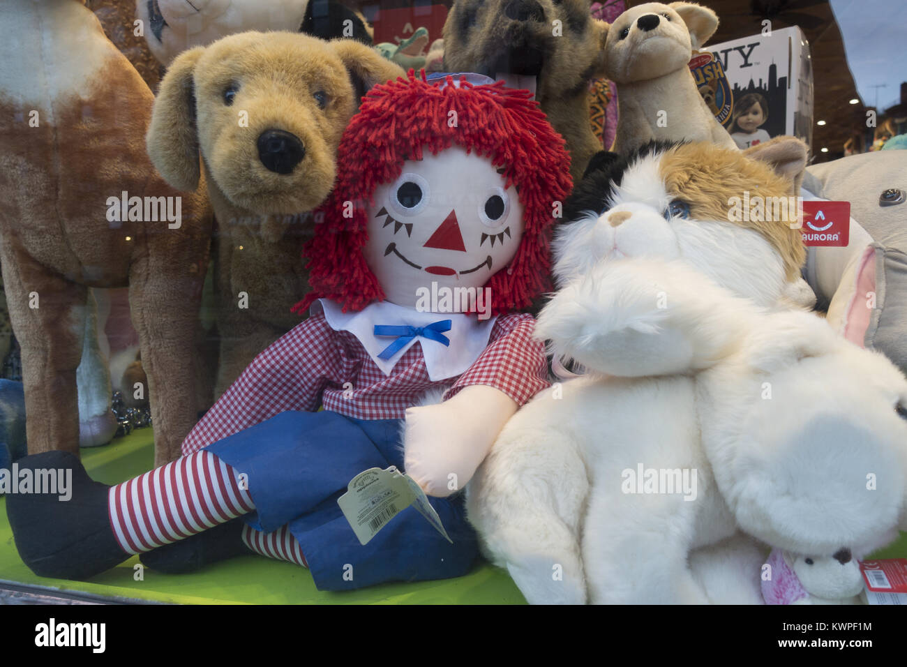 Stuffed animals along with Raggedy Andy in a toy store window in Brooklyn; New York Stock Photo