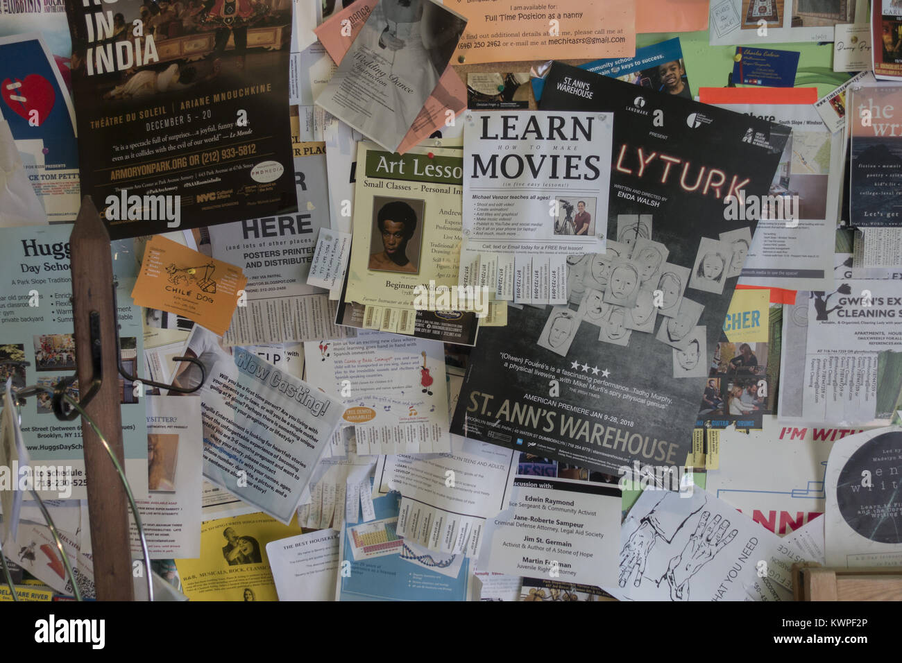 Bulletin board in a local cafe in Park Slope, Brooklyn, New York. Stock Photo