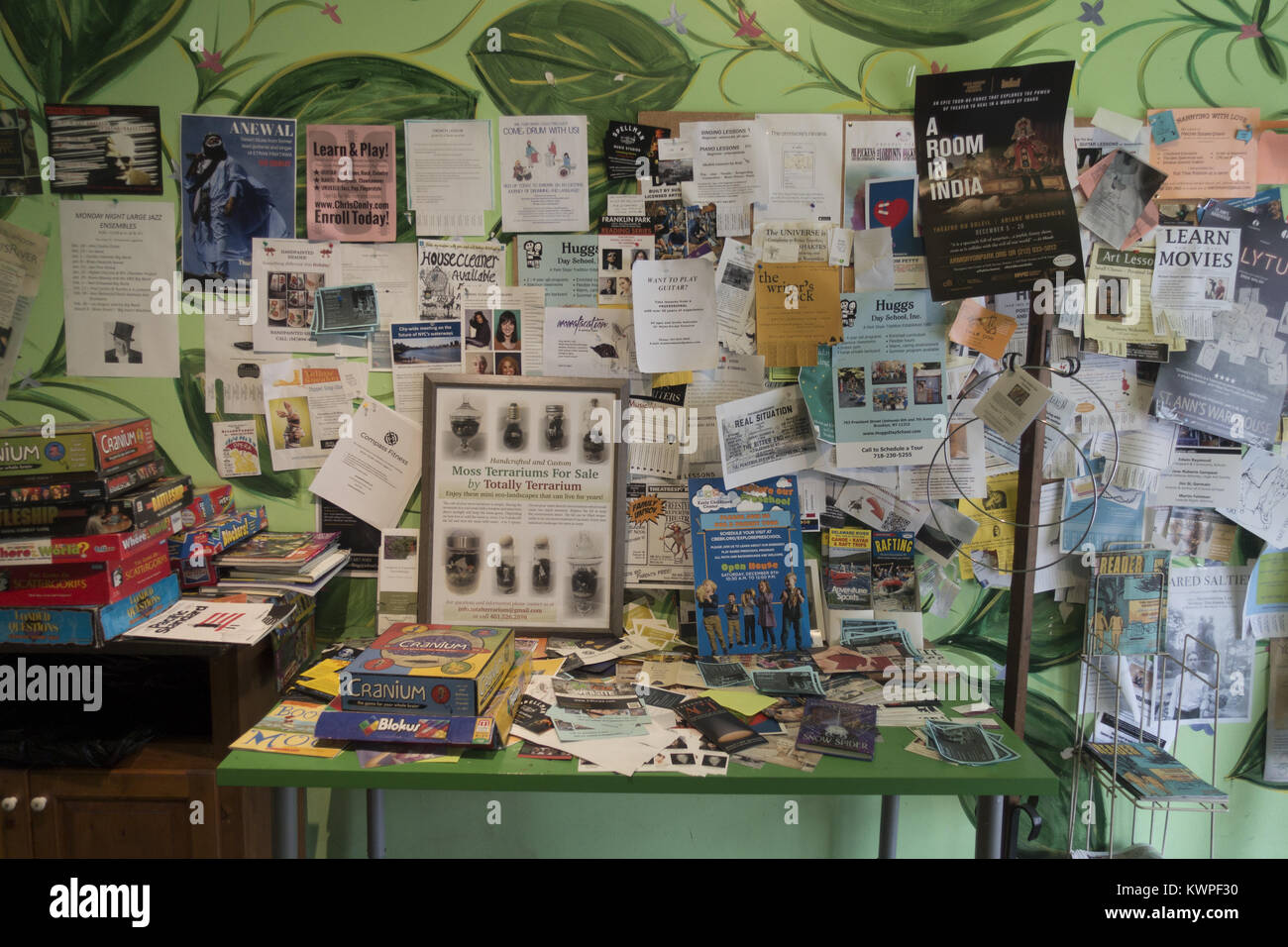 Bulletin board in a local cafe in Park Slope, Brooklyn, New York. Stock Photo