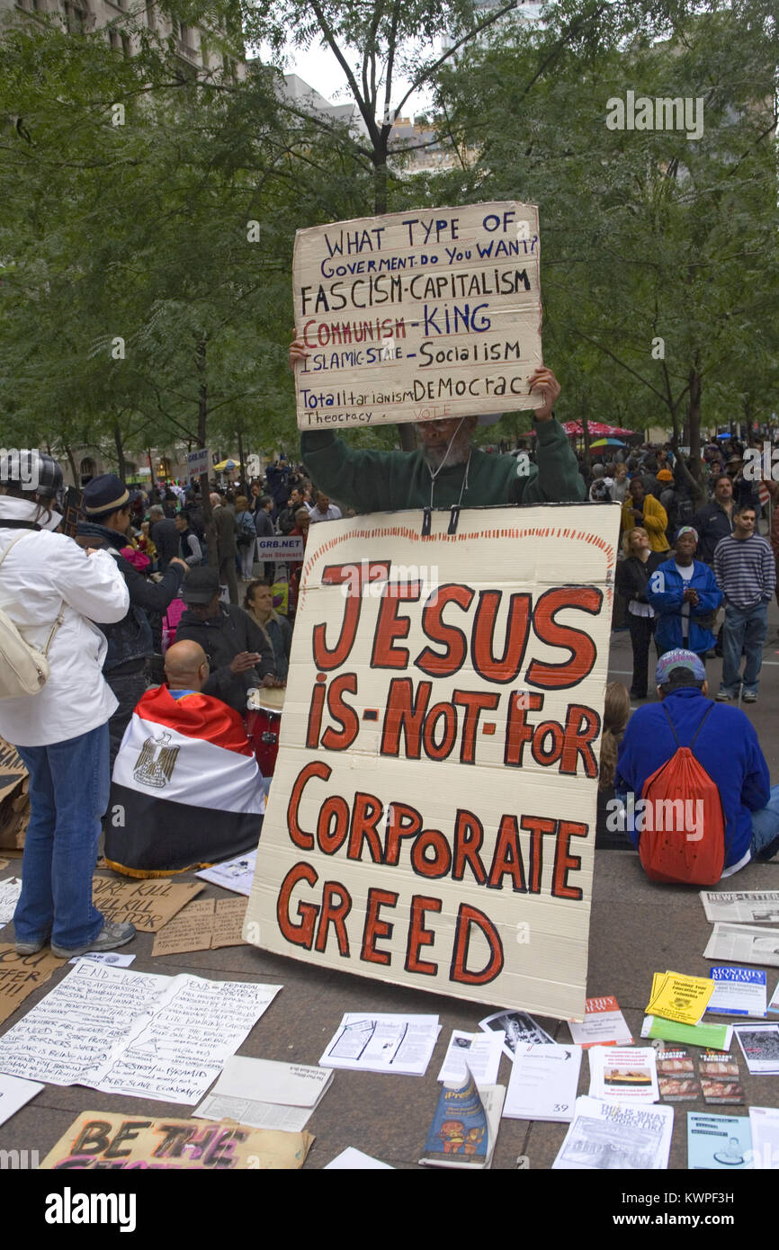 Participants at the 'Occupy Wall St.' occupation at Liberty Square demanding fundamental change in the US for the good of all citizens not just the rich and powerful. Stock Photo