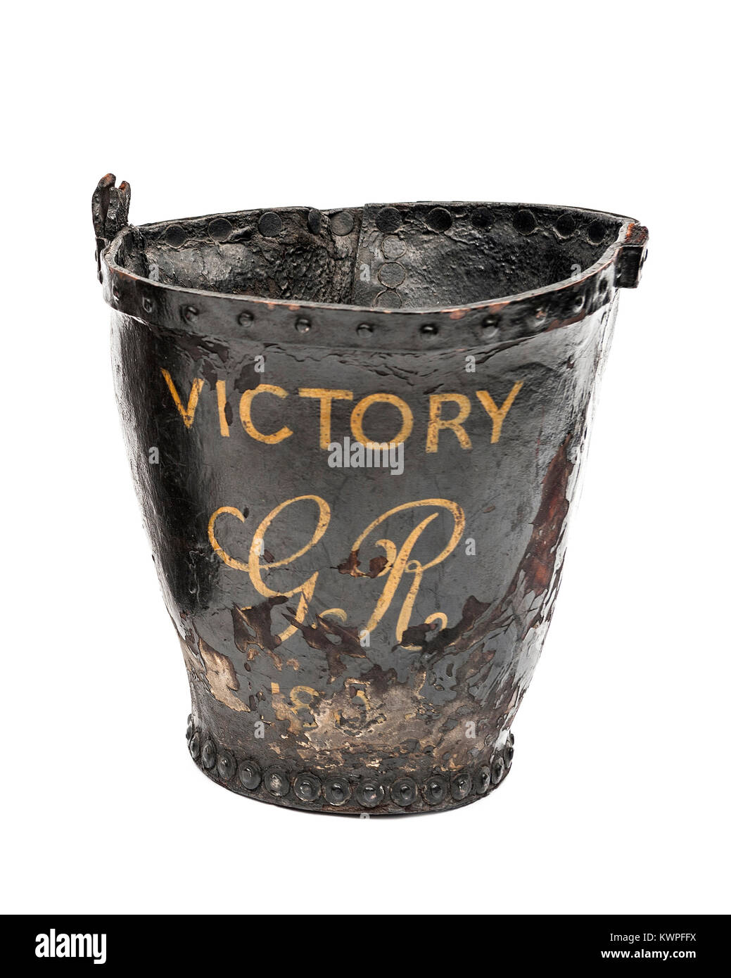 Leather fire bucket from HMS Victory dated 1803 Stock Photo