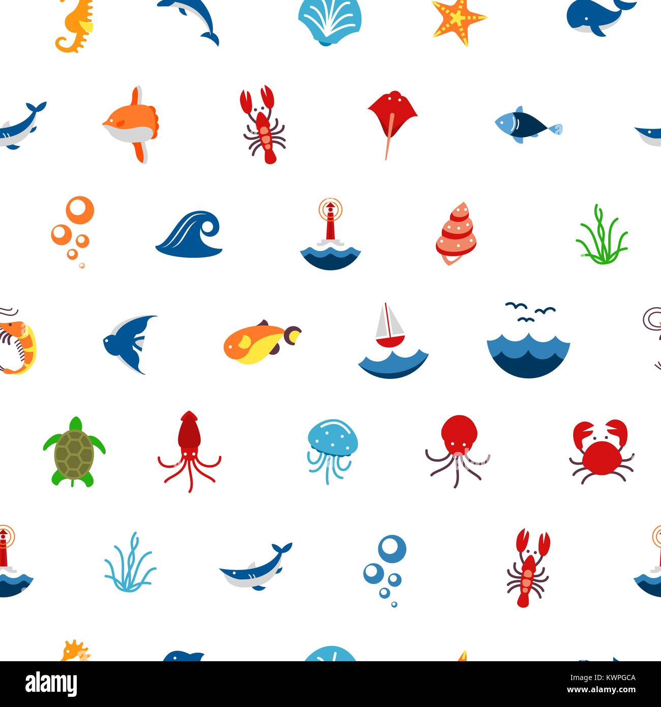 Seamless pattern ocean or sea with with animals and fish, shellfish and ...