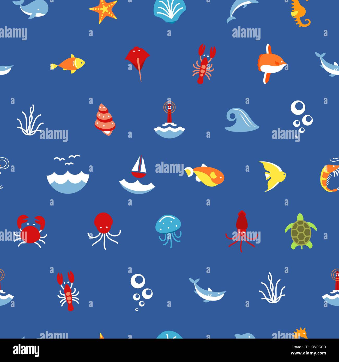 Seamless pattern ocean or sea with with animals and fish, shellfish and ...