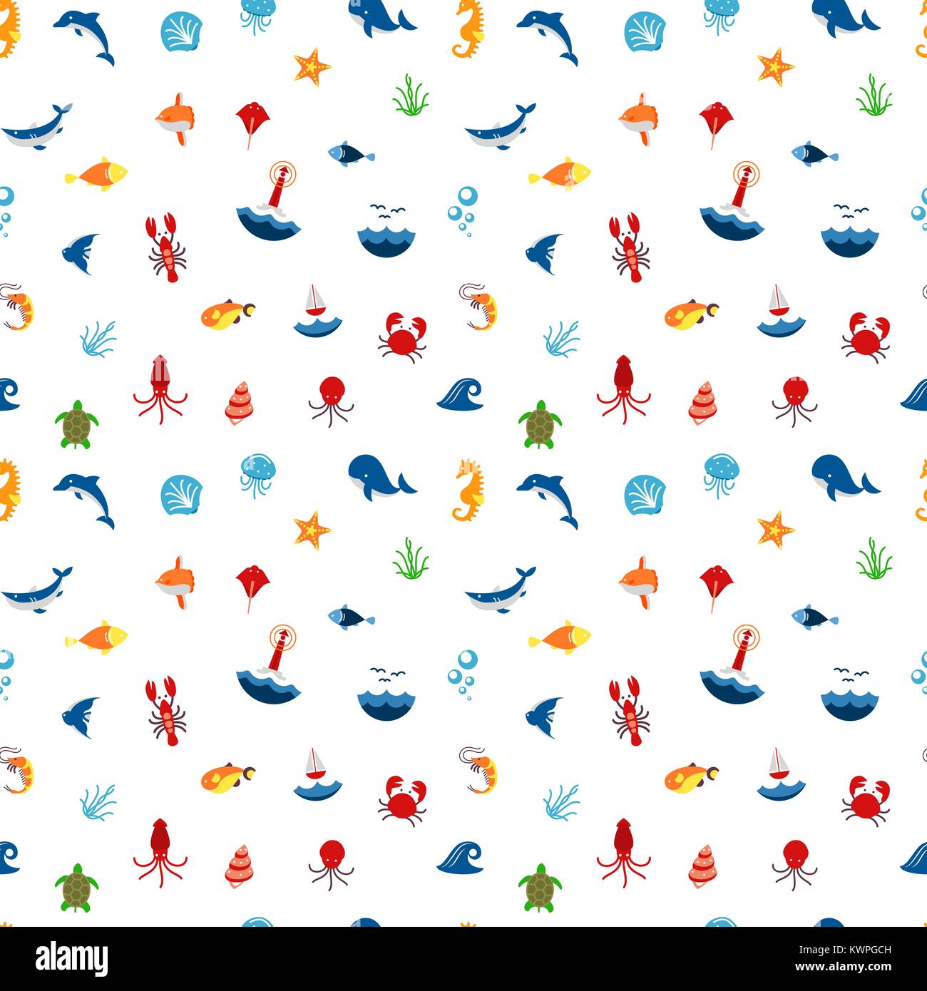 Seamless pattern ocean or sea with with animals and fish, shellfish and ...