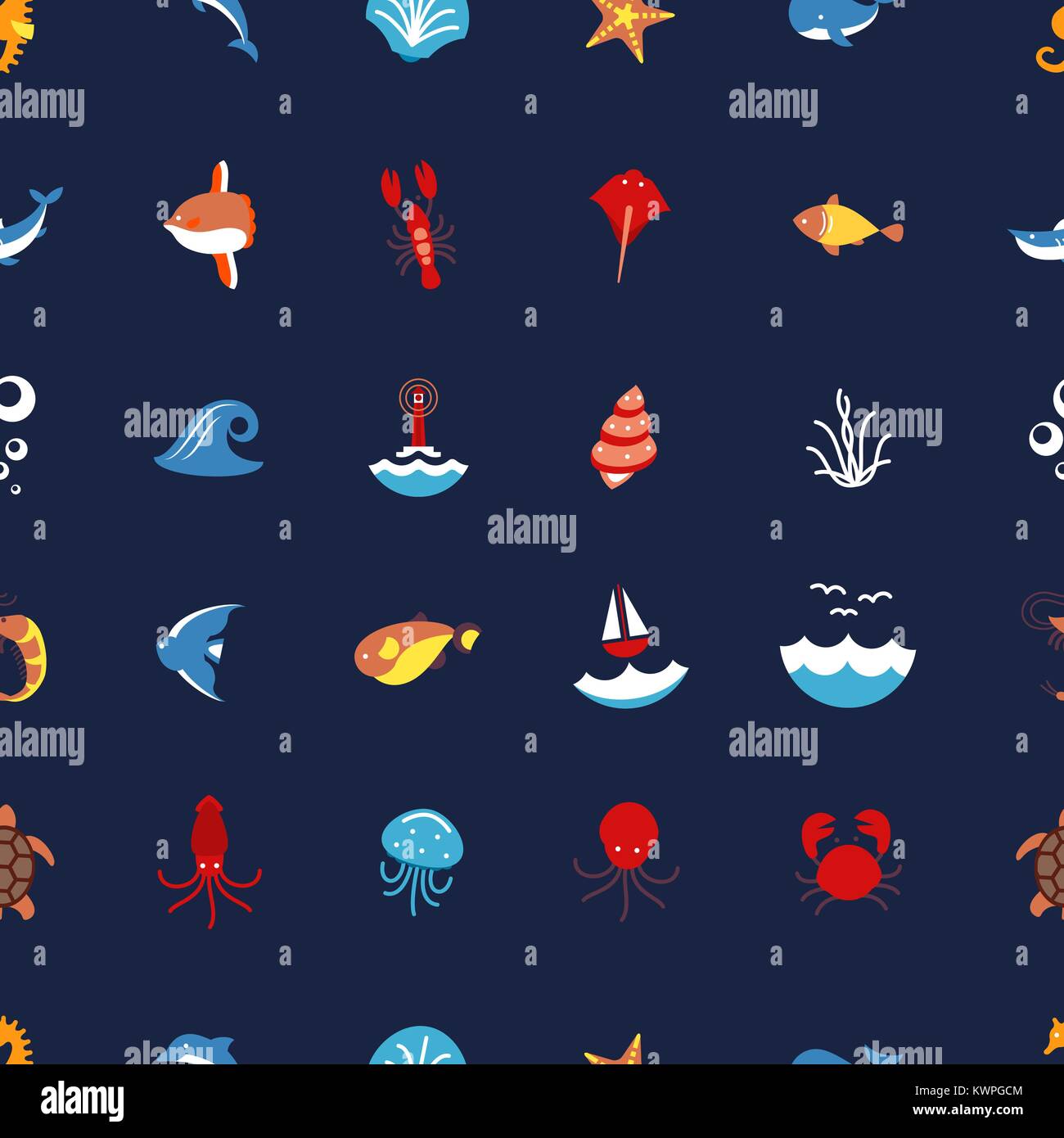 Seamless pattern ocean or sea with with animals and fish, shellfish and ...