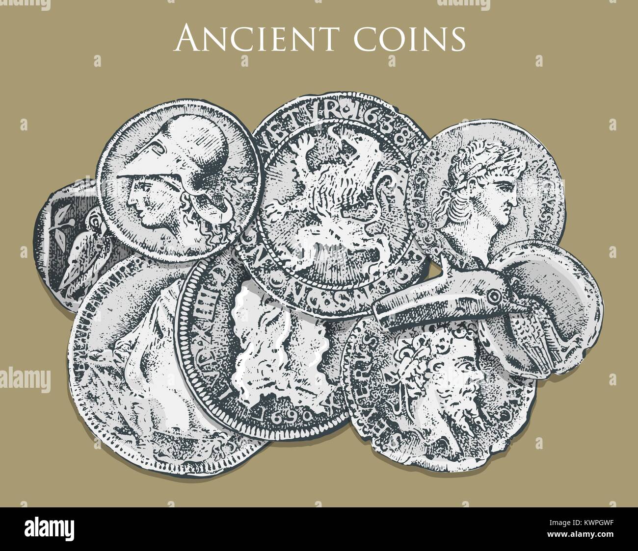 set ancient coins or money. roman and greek cash reward. engraved hand drawn in old sketch, vintage style. Stock Vector