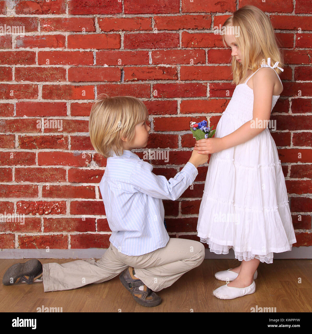 Boy gives a girl flowers. Love concept Stock Photo Alamy