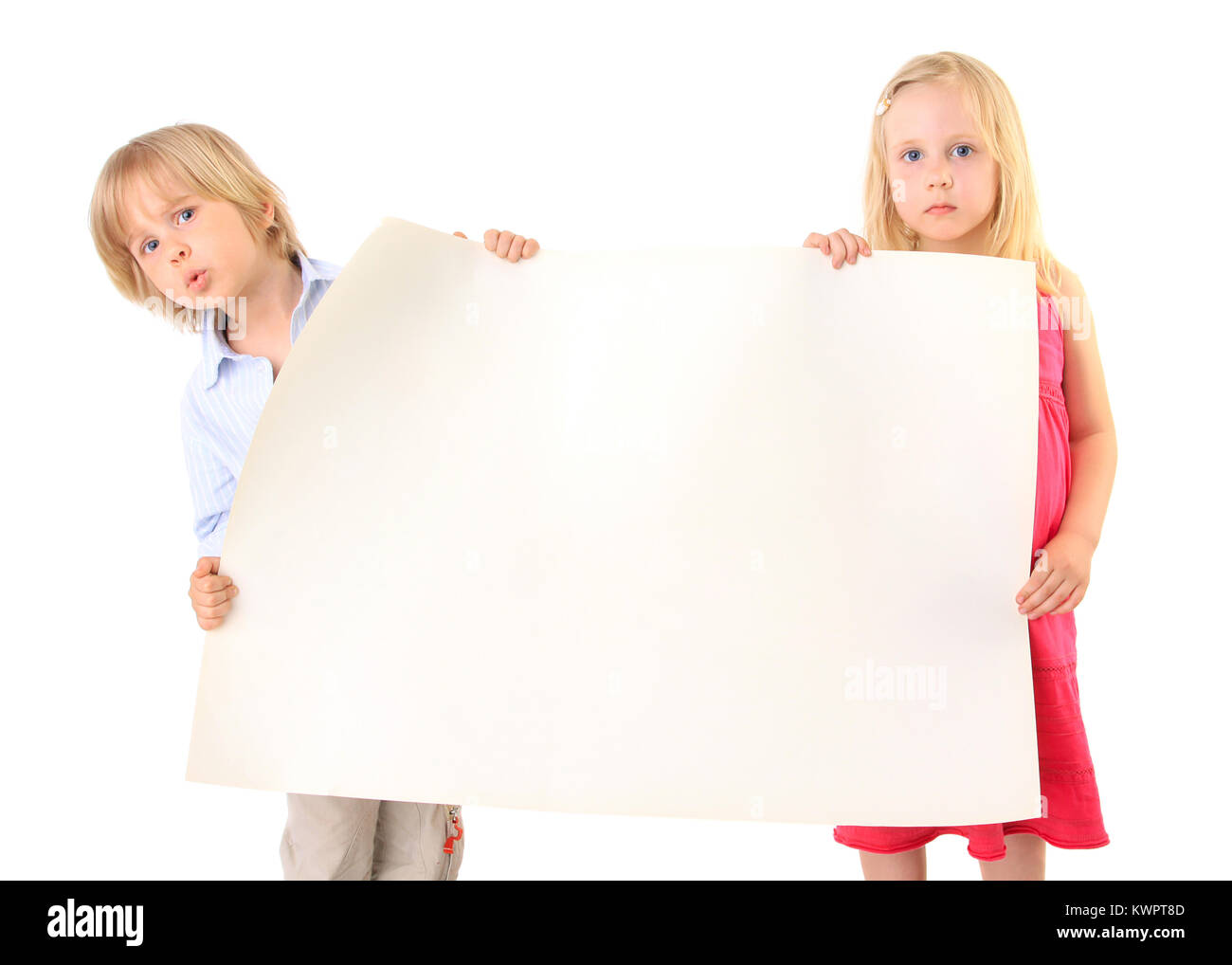 children holding a blank cardboard paper sign isolated on white ...