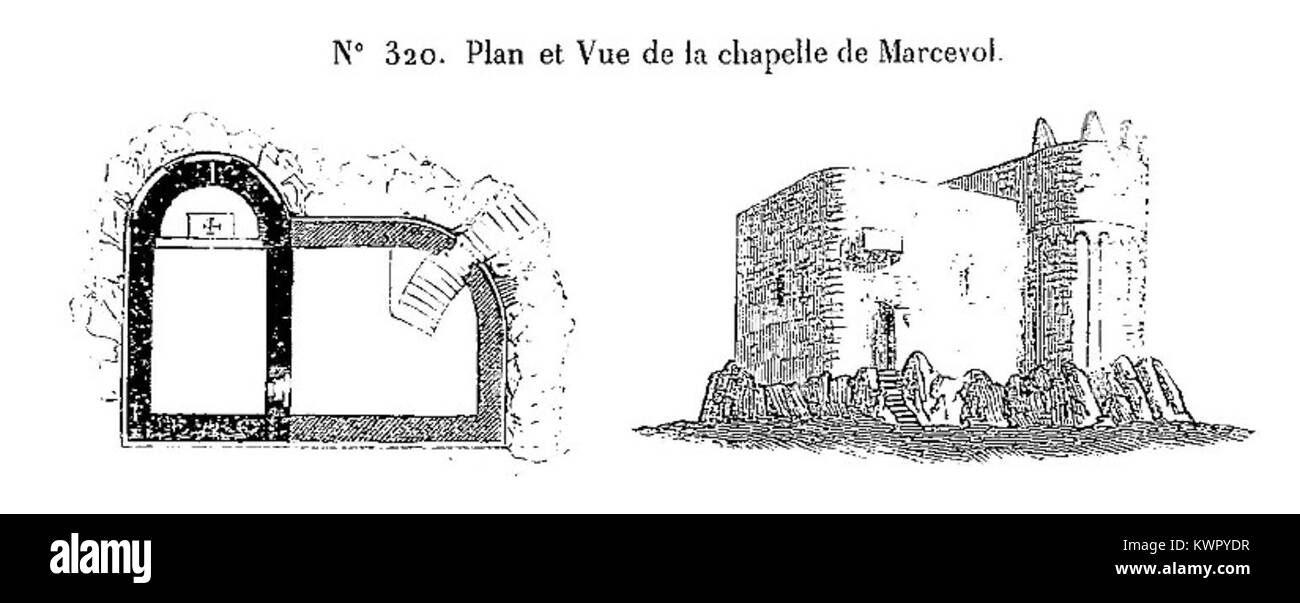 Église NotreDame des Escaliers de Marcevol Plan et vue de 1852 Stock