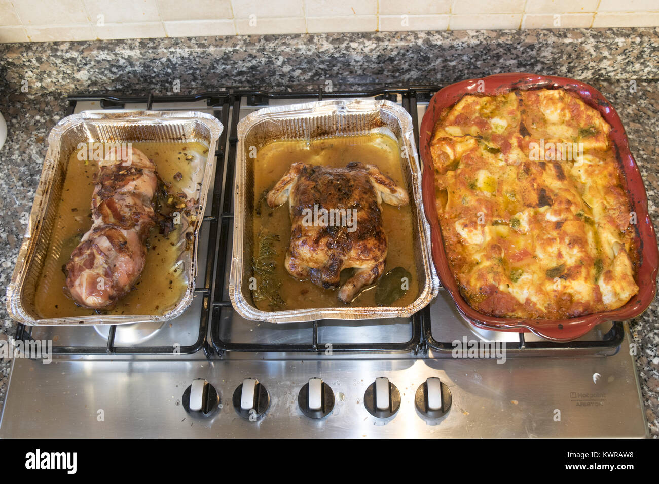 ready foods in oven containers for a holiday luncheon Stock Photo Alamy