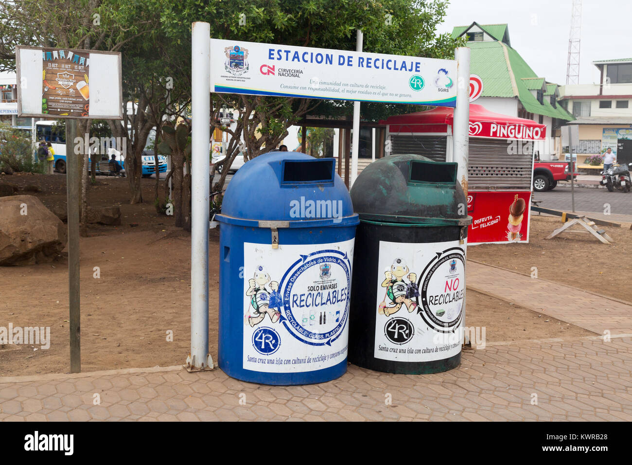 Recycling bins, Puerto Ayora, Santa Cruz island, Galapagos Ecuador South America Stock Photo