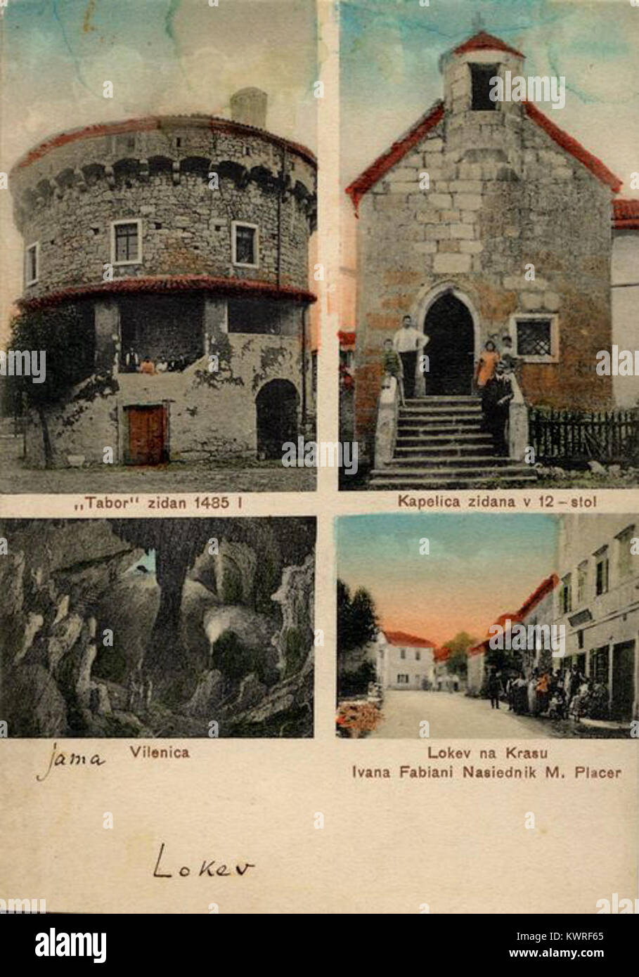 Razglednica Lokve (ok. 1910) - beneški stolp, kapelica, Vilenica, vas Stock Photo