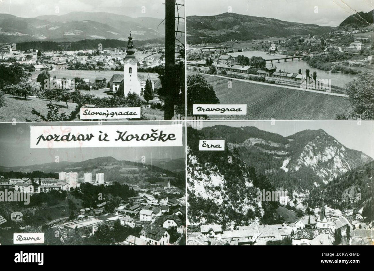 Razglednica Slovenj Gradca, Dravograda, Črne in Raven 1968 Stock Photo