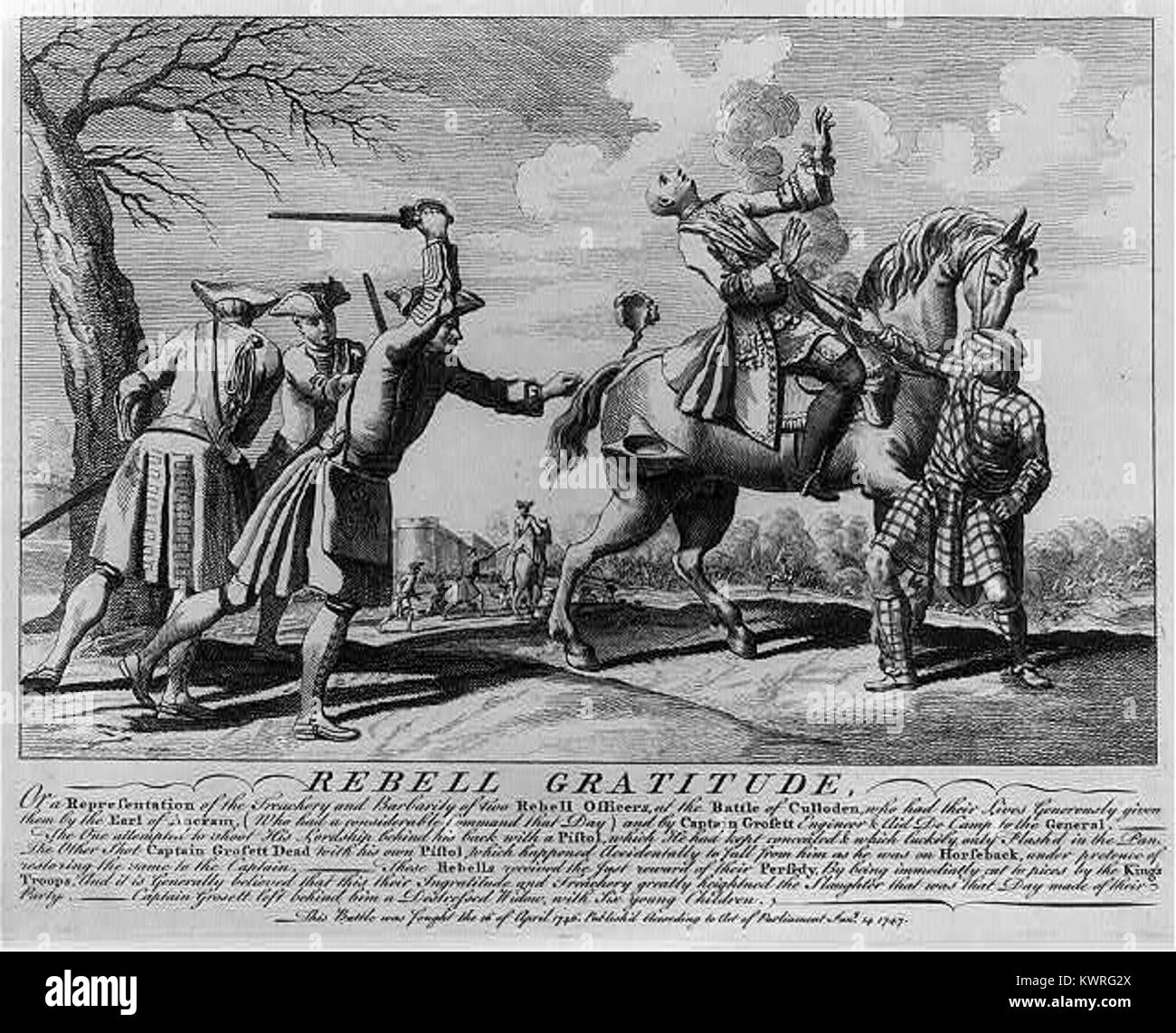 Rebell Gratitude, or a representation of the treachery and barbarity of two rebell officers at the Battle of Culloden...(which) greatly heightened the slaughter that was that day made of t-LCCN2002699084 Stock Photo