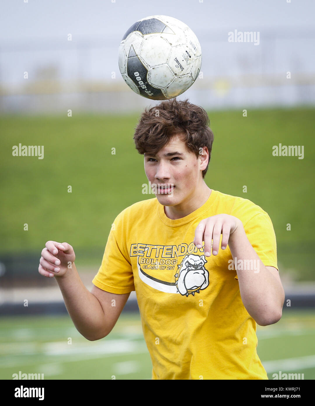 Bettendorf, Iowa, USA. 14th Apr, 2017. Freshman Sam Dunn, 15, works in