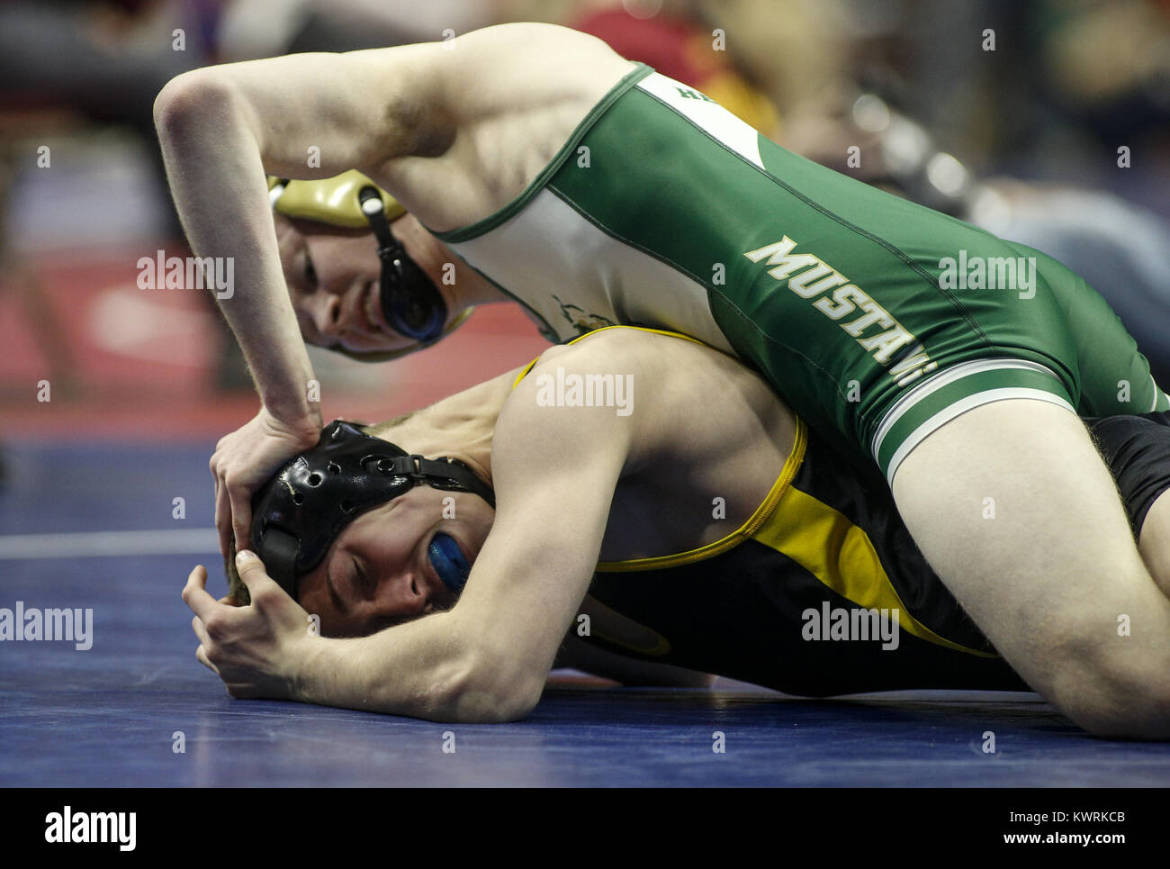 Des Moines, Iowa, USA. 16th Feb, 2017. Bettendorf's Will Jefferson struggles to get up while wrestling Dubuque Hempstead's Jacob Faber during session one of the 2017 IHSAA State Wrestling Championships at Wells Fargo Arena in Des Moines on Thursday, February 16, 2017. Credit: Andy Abeyta/Quad-City Times/ZUMA Wire/Alamy Live News Stock Photo