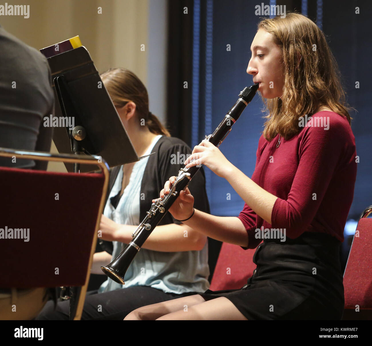 Rock Island, Iowa, USA. 22nd Jan, 2017. Clarinetist Cora Habeger plays Prelude in C, BWV 943 composed by Johann S. Bach and Nicholas J. Contorno in Wallenberg Hall at Augustana College in Rock Island on Sunday, January 22, 2017. The Augustana Clarinet Studio presented a recital to benefit Clarinets for Conservation (the Daraja Music Initiative), an organization that strives to preserve the mpingo tree, which is used to make clarinets as well as promoting sustainability through music education in Tanzania. Credit: Andy Abeyta/Quad-City Times/ZUMA Wire/Alamy Live News Stock Photo