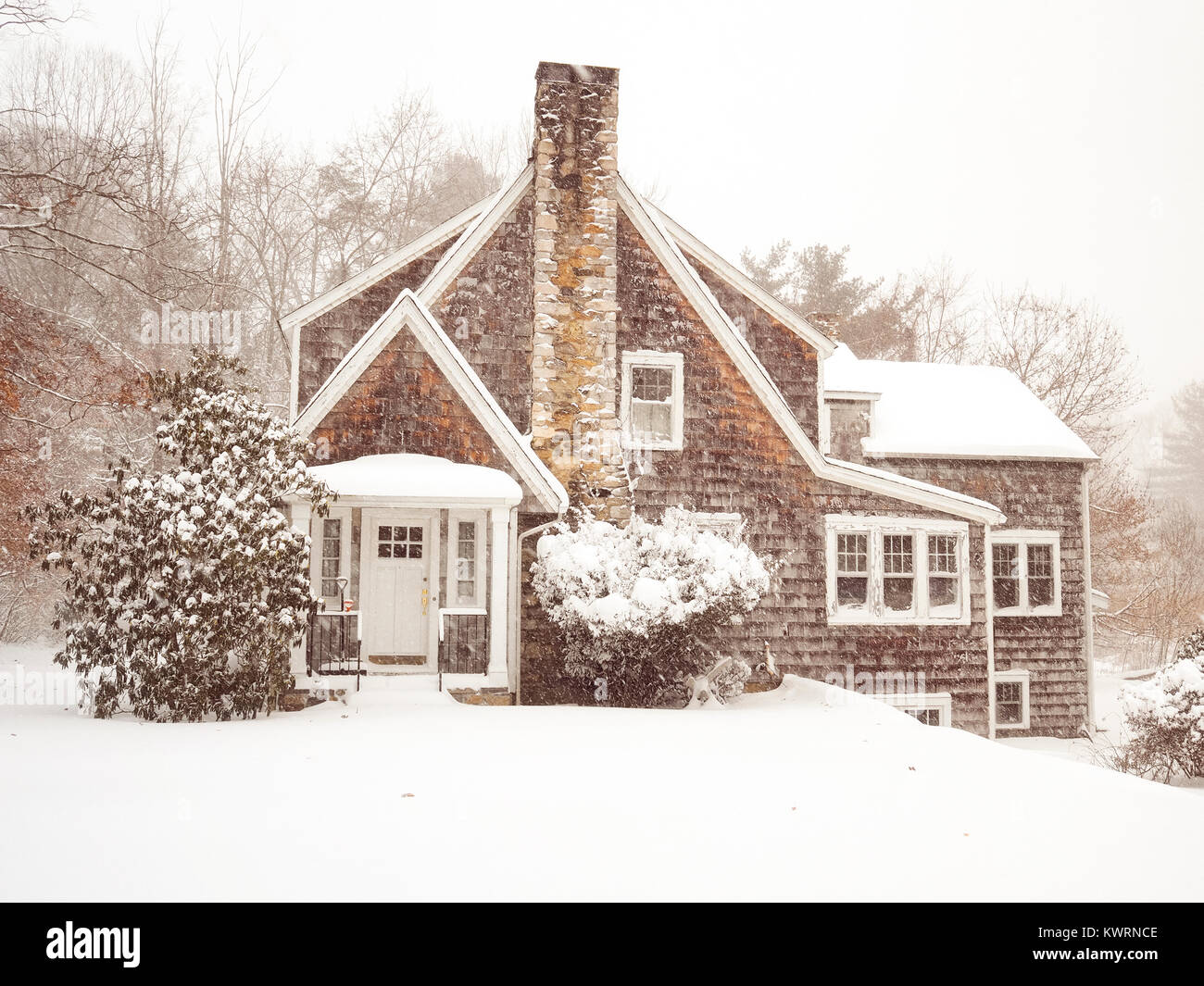 Chappaqua, NY, USA. 4th Jan, 2018. Winter storm Grayson, a bomb cyclone blizzard (named by meteorologists for a sharp atmospheric pressure drop) hit the East Coast with whiteout conditions, freezing cold temperatures, up to a foot of snow forecast as snowfall continues. New York Gov. Andrew Cuomo declared a state of emergency in Westchester Wind gusts of 50 mph were recorded this morning. Snow day for schools and businesses closed due to the snowstorm. Gale force winds up to 80 mph are expected s snow storm gets worse. Credit: © 2018 Marianne Campolongo/Alamy Live News. Stock Photo