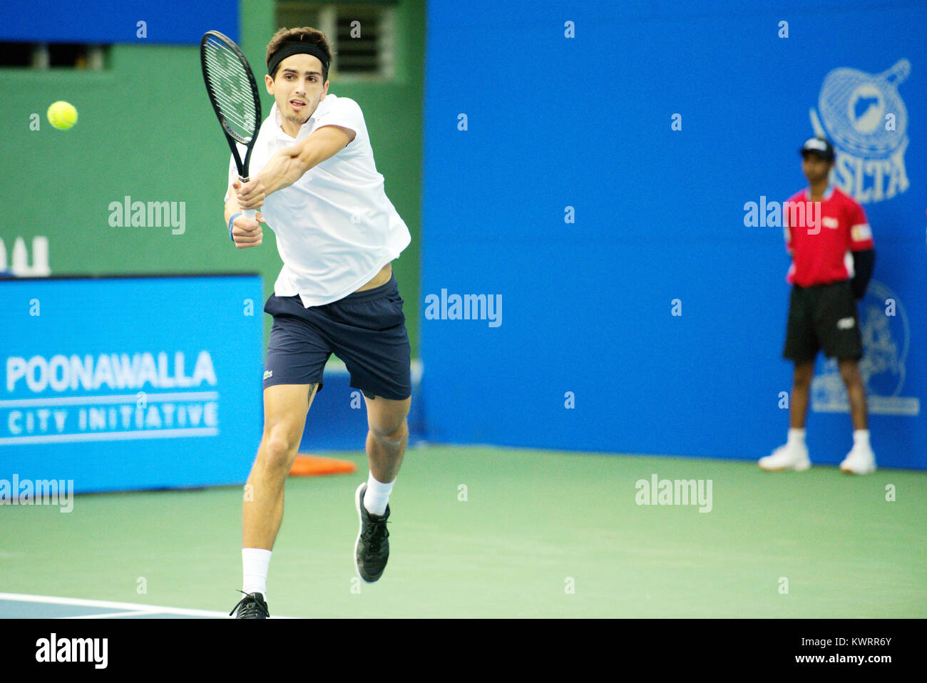 Pune, India. 4th Jan, 2018. Pierre-Hugues Herbert of France in action in a quarter final match of the Singles competition at Tata Open Maharashtra at the Mahalunge Balewadi Tennis Stadium in Pune, India. Credit: Karunesh Johri/Alamy Live News Stock Photo