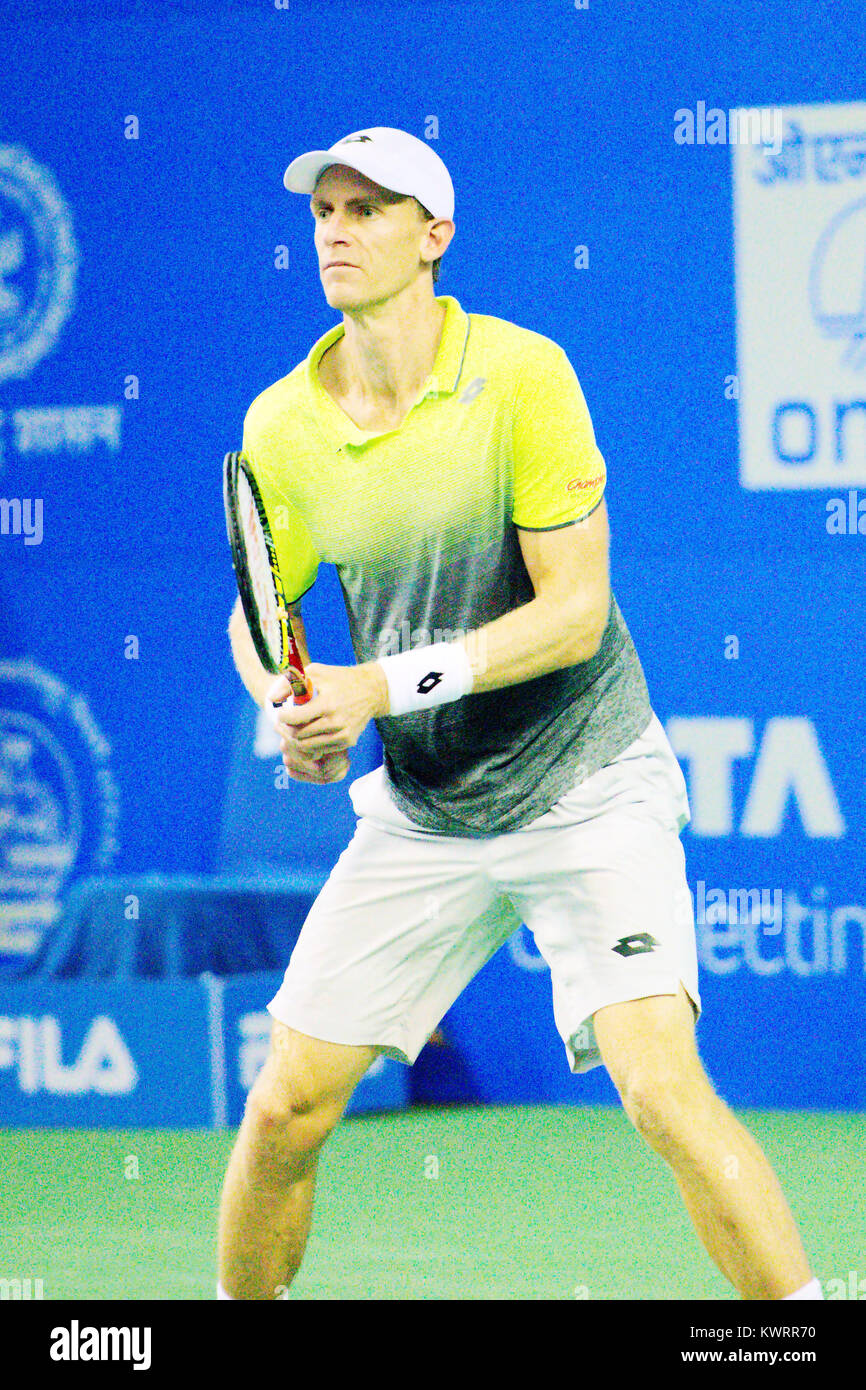 Pune, India. 4th Jan, 2018. Kevin Anderson of South Africa in action in a quarter final match of the Singles competition at Tata Open Maharashtra at the Mahalunge Balewadi Tennis Stadium in Pune, India. Credit: Karunesh Johri/Alamy Live News Stock Photo