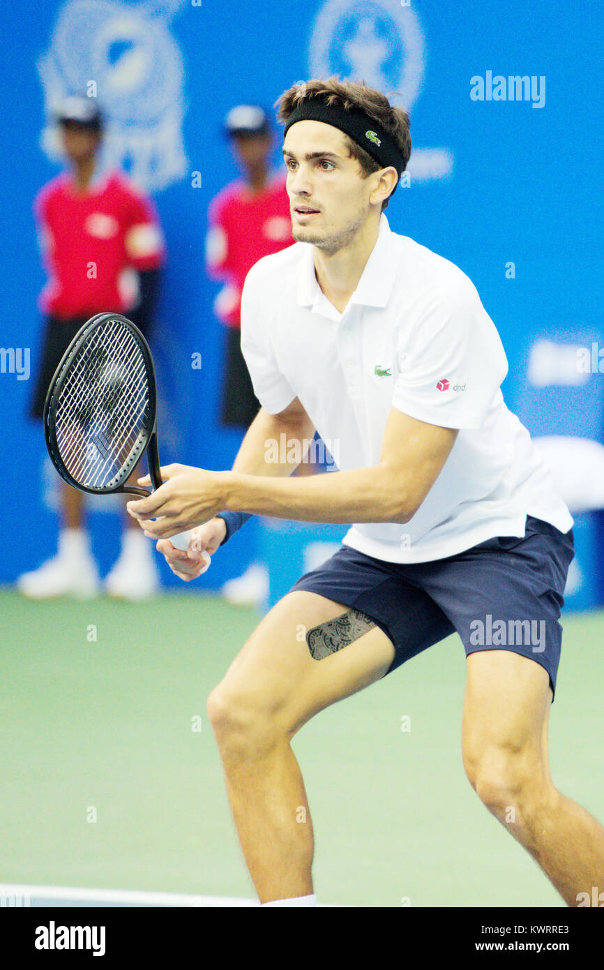Pune, India. 4th Jan, 2018. Pierre-Hugues Herbert of France in action in a quarter final match of the Singles competition at Tata Open Maharashtra at the Mahalunge Balewadi Tennis Stadium in Pune, India. Credit: Karunesh Johri/Alamy Live News Stock Photo